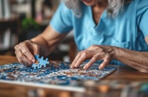 starsza kobieta układa puzzle