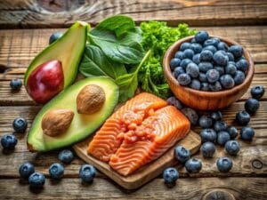 Na drewnianym stole leżą owoce, warzywa, jagody i łosoś, które są składnikami diety wspierającej zdrowie psychiczne.