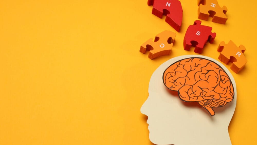 Ilustracja przedstawia sylwetkę głowy z mózgiem i puzzlami symbolizującą prewencję w chorobach neurologicznych.