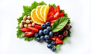 Kolorowe owoce i orzechy na liściach, jako elementy diety wspierającej zdrowie psychiczne.